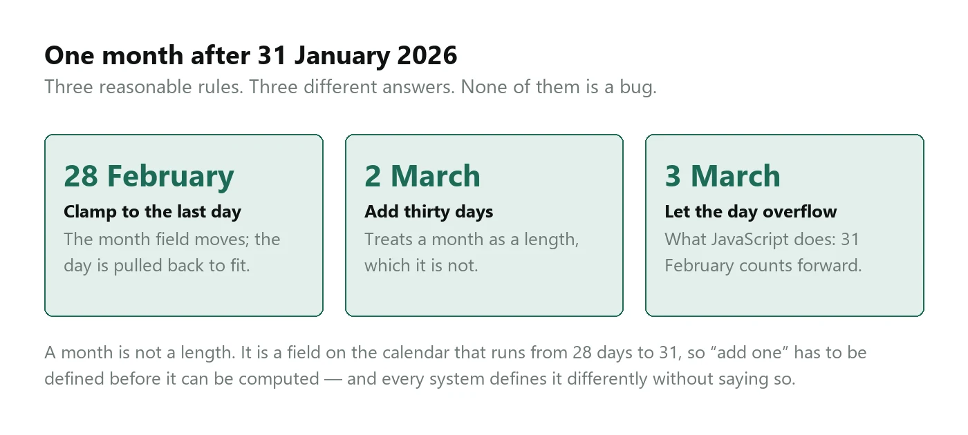 Three boxes answering the question of what date falls one month after 31 January 2026. Clamping to the last day of the month gives 28 February. Adding thirty days gives 2 March. Letting the day overflow into the next month, which is what JavaScript does, gives 3 March.