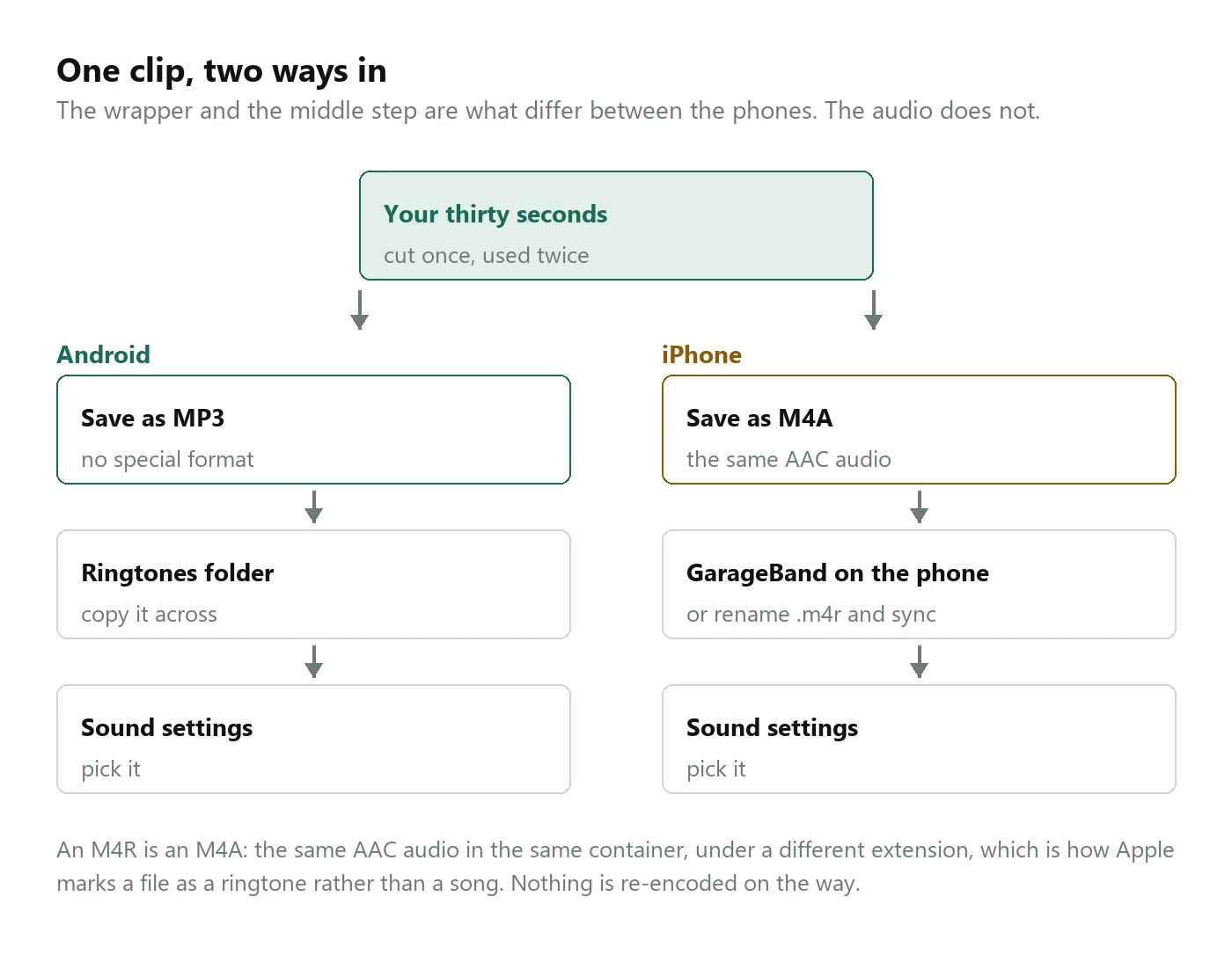 A diagram: one thirty-second clip branching into two routes. Android saves an MP3, copies it to the Ringtones folder and picks it in settings. iPhone saves an M4A, goes through GarageBand on the phone or a rename to .m4r and a sync, then picks it in settings.