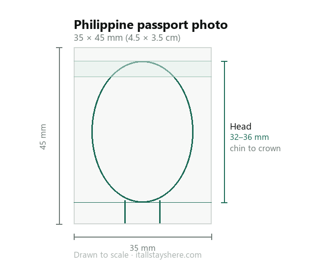 Diagram of a Philippine passport photo drawn to scale: 35 × 45 mm (4.5 × 3.5 cm), with the head measuring 32 to 36 mm from chin to crown.